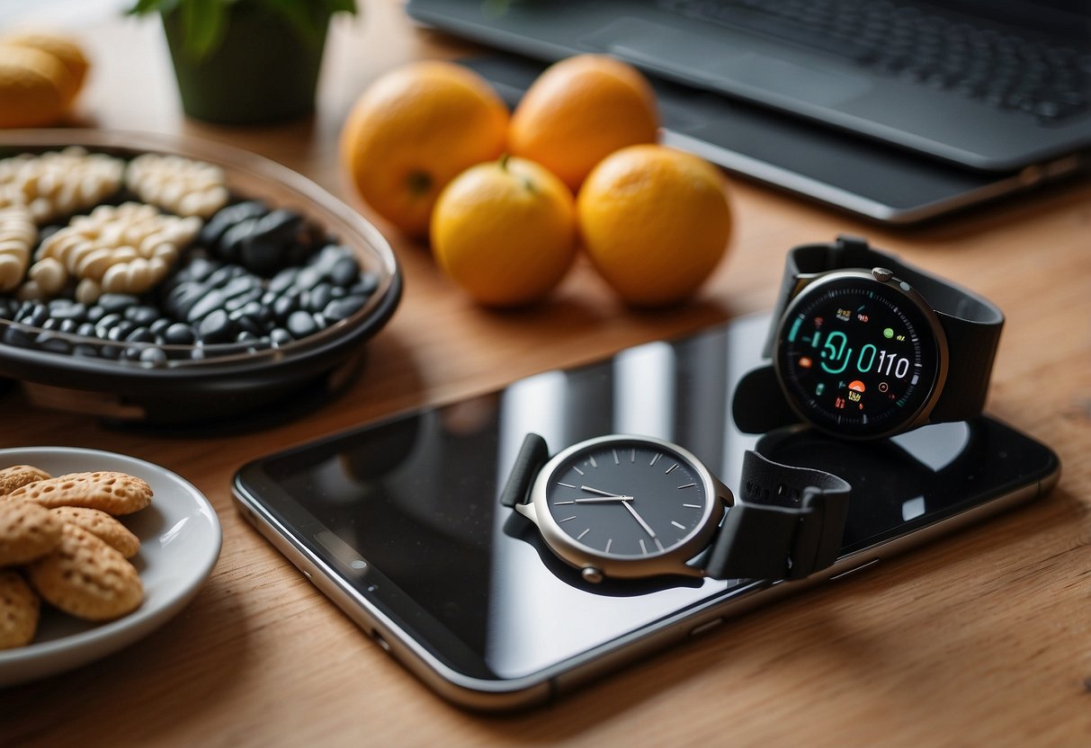 A smartwatch surrounded by various lifestyle items like running shoes, a yoga mat, a laptop, and a healthy snack