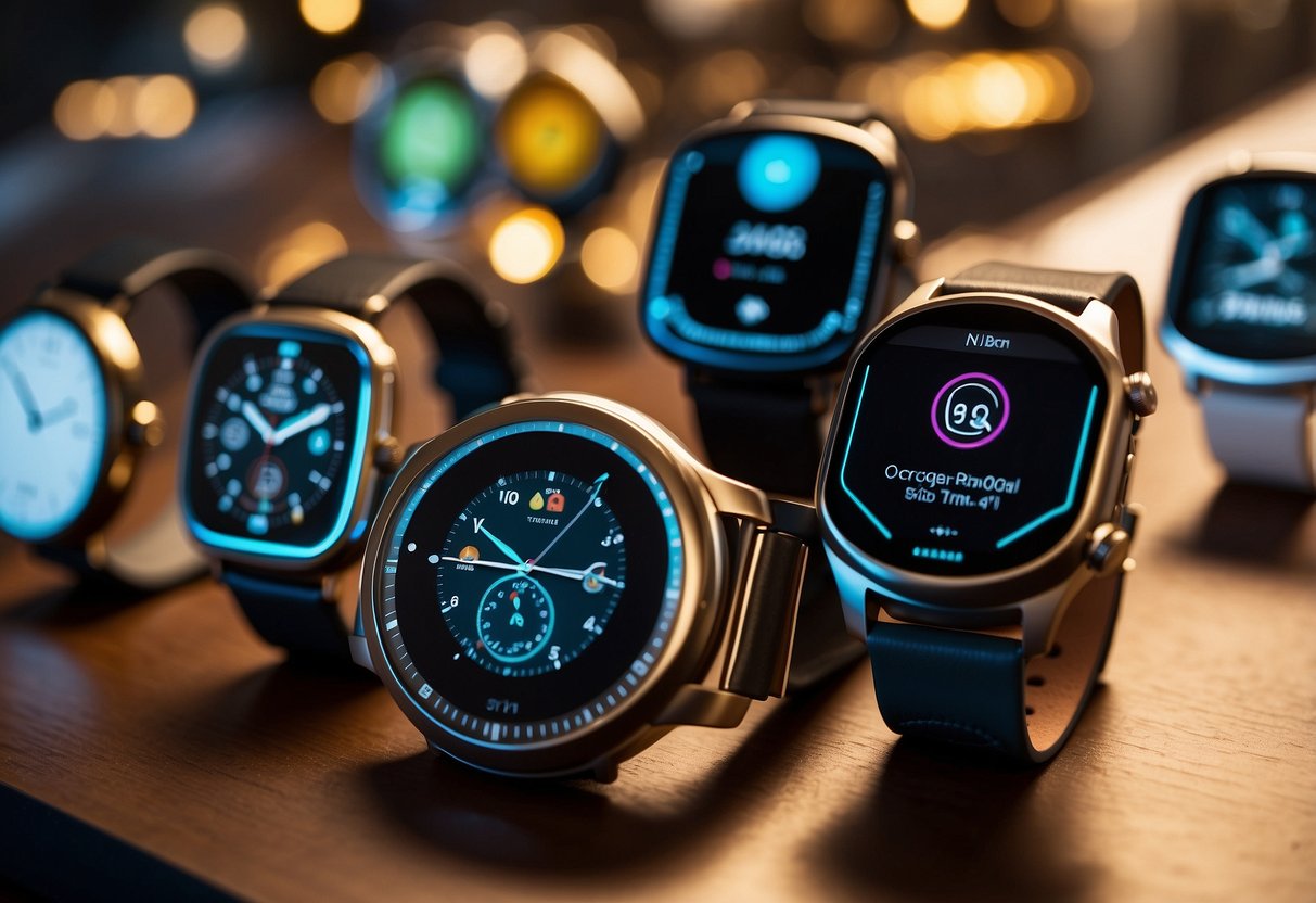 A variety of smartwatches arranged on a sleek display, each with unique features and designs, showcasing the diverse options available for different lifestyles