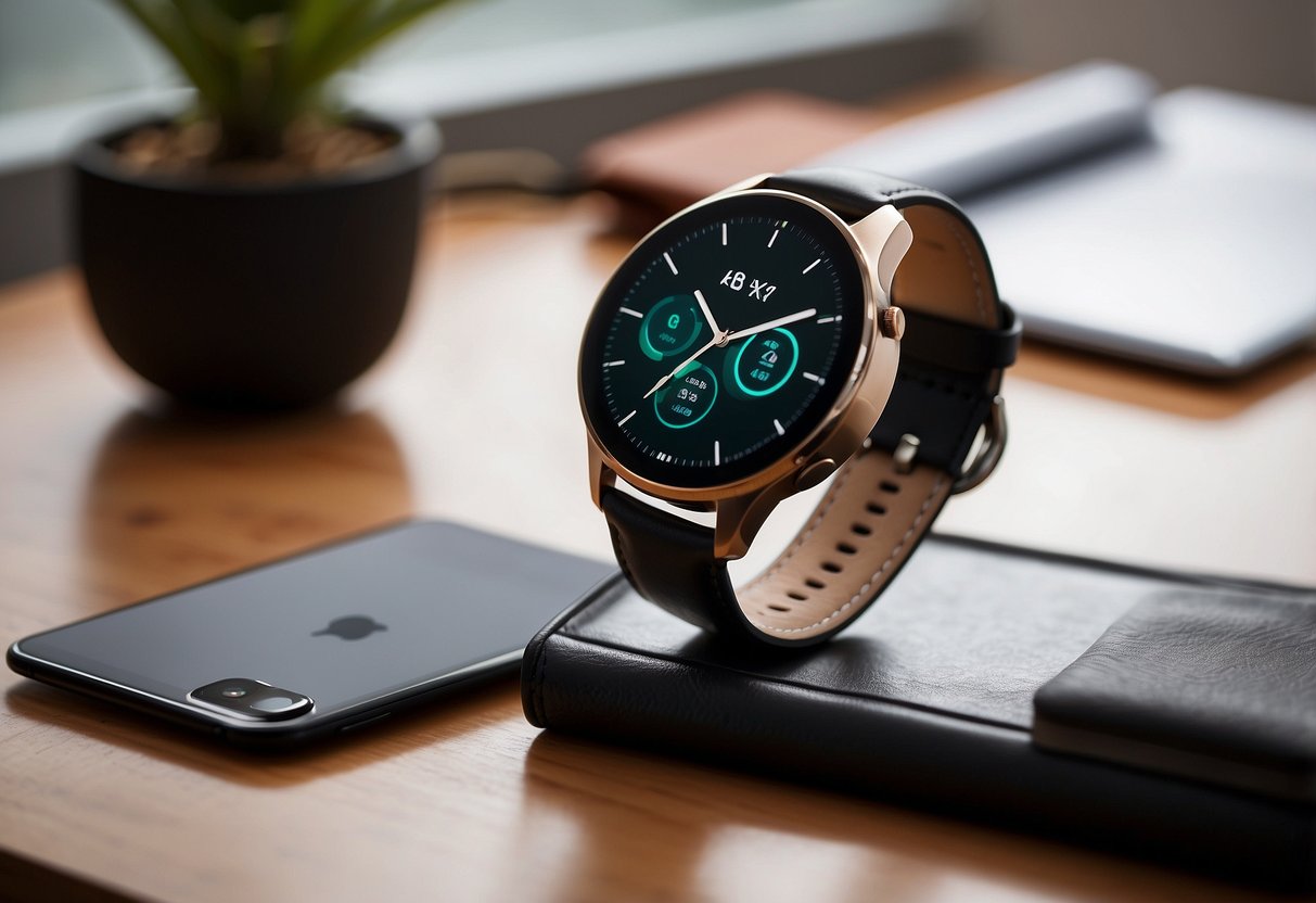 A sleek, modern smartwatch sits on a minimalist desk beside a stylish leather strap and a charging dock. The room is bathed in natural light, with a clean and organized aesthetic