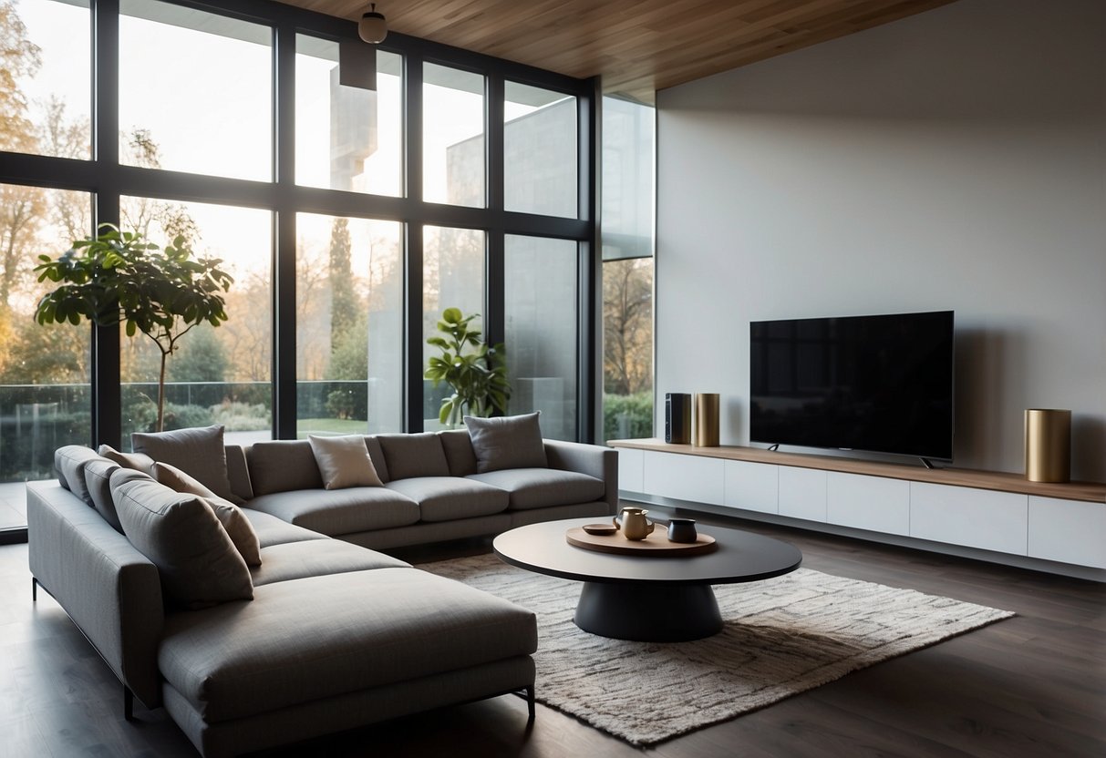 A sleek, modern living room with various smart home gadgets seamlessly integrated into the decor. Voice-controlled lights, smart thermostat, security cameras, and a central hub are all visible