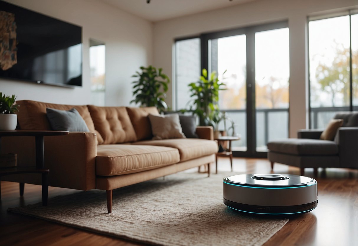 A modern living room with voice-controlled lights, thermostat, and entertainment system. A smart speaker sits on a coffee table, while a robot vacuum cleans the floor