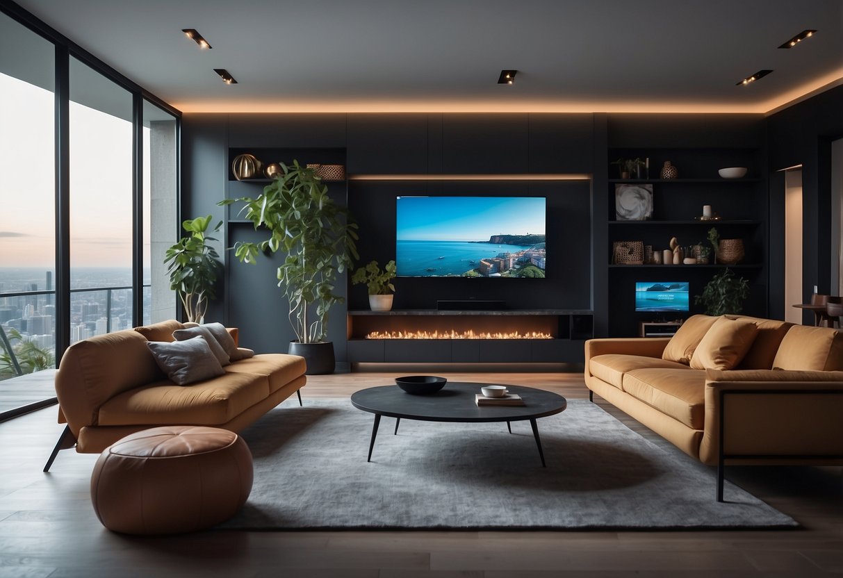 A modern living room with various smart home gadgets like smart speakers, thermostats, cameras, and lights all connected and controlled through a central hub