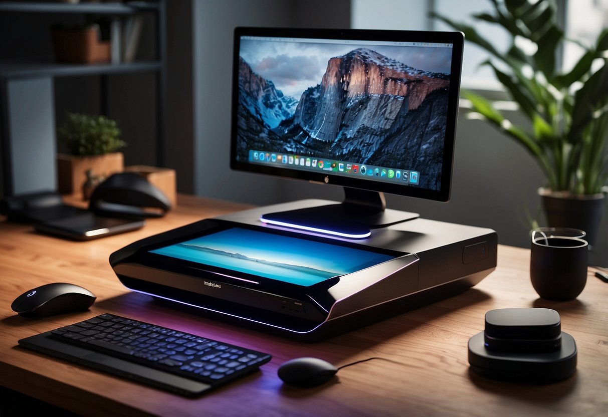 A sleek desk with a wireless charging pad, smart lighting, and a voice-activated virtual assistant. Surrounding the desk are high-tech gadgets like a 3D printer, VR headset, and a dual monitor setup