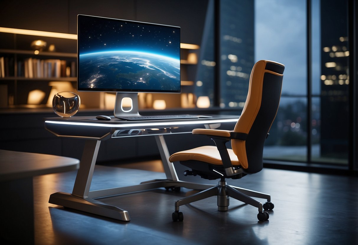 A sleek, ergonomic desk with built-in wireless charging, a futuristic chair with adjustable lumbar support, and a smart lighting system that adjusts to optimize productivity