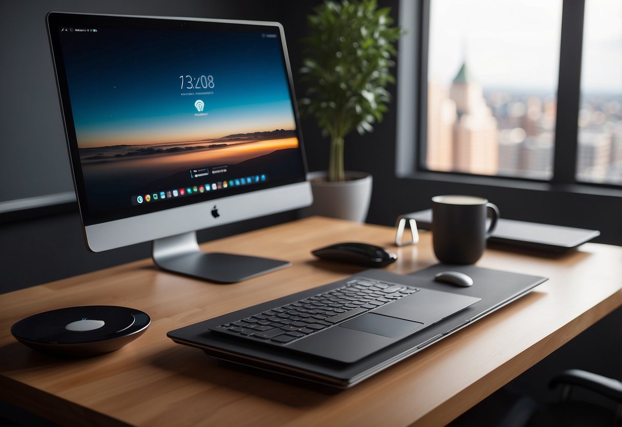 A sleek desk with a wireless charging pad, smart lighting, and voice-controlled assistant. A laptop and monitor display productivity apps