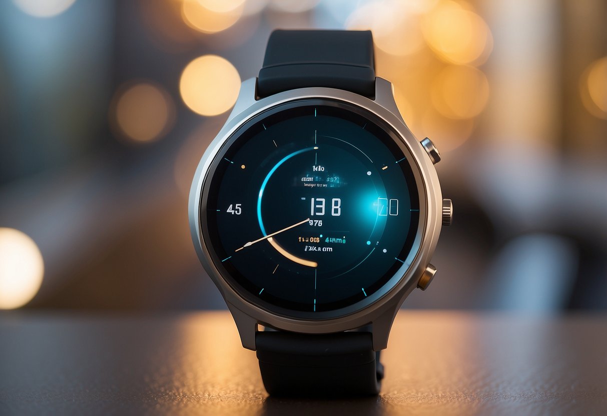 A sleek, minimalist smartwatch with a holographic display, surrounded by a variety of futuristic wearable devices and accessories