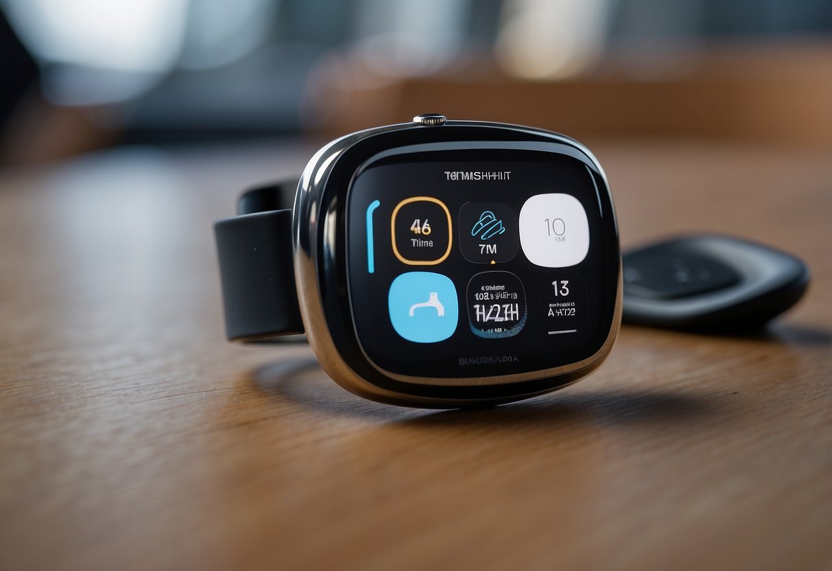 A sleek, minimalist smartwatch rests on a futuristic charging dock, surrounded by other high-tech wearables. The room is bathed in soft, ambient lighting, highlighting the sleek and modern design of the devices