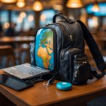 A traveler's backpack open, revealing a laptop, smartphone, power bank, and earbuds. A world map and passport peek out from the side pocket