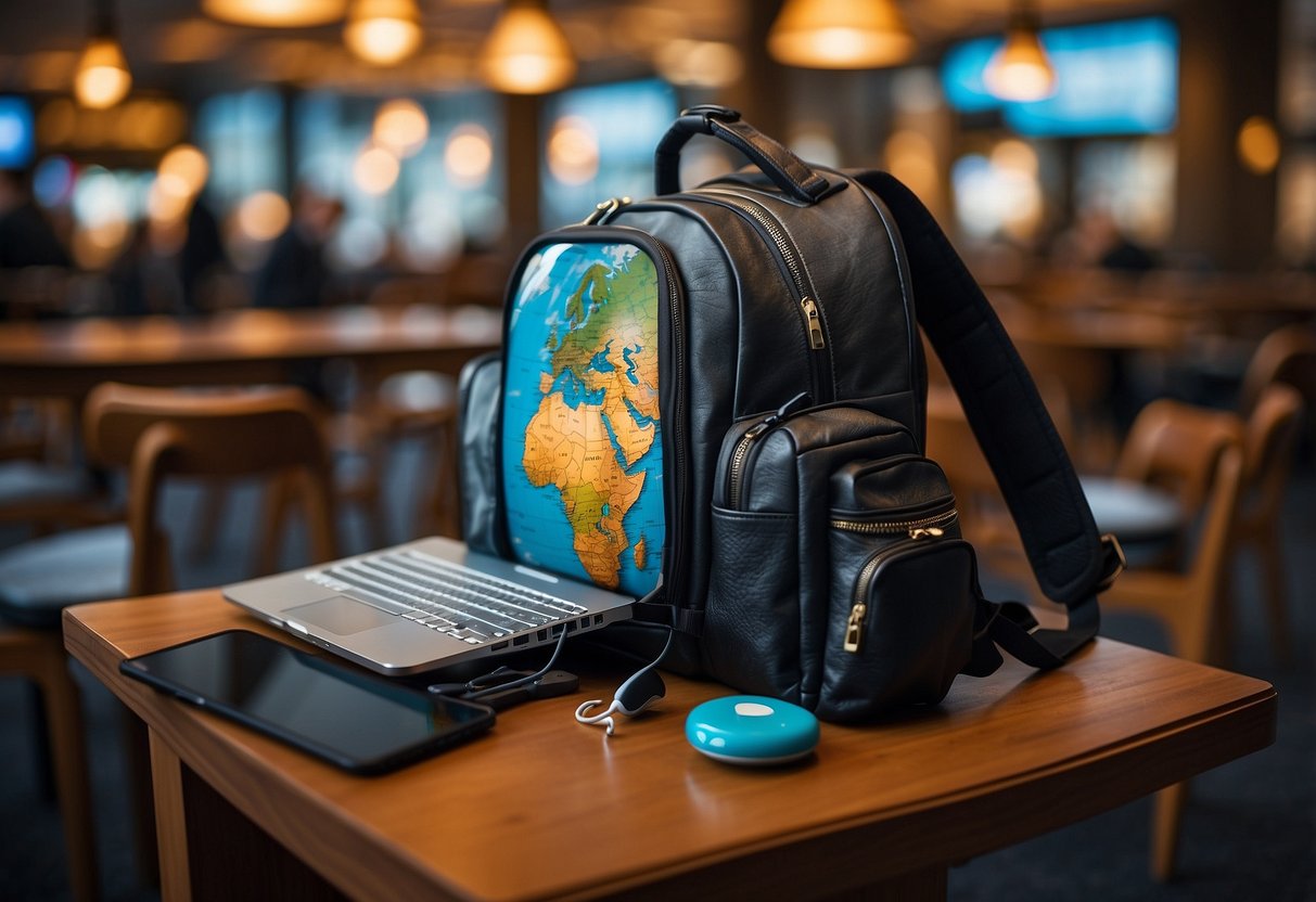 A traveler's backpack open, revealing a laptop, smartphone, power bank, and earbuds. A world map and passport peek out from the side pocket