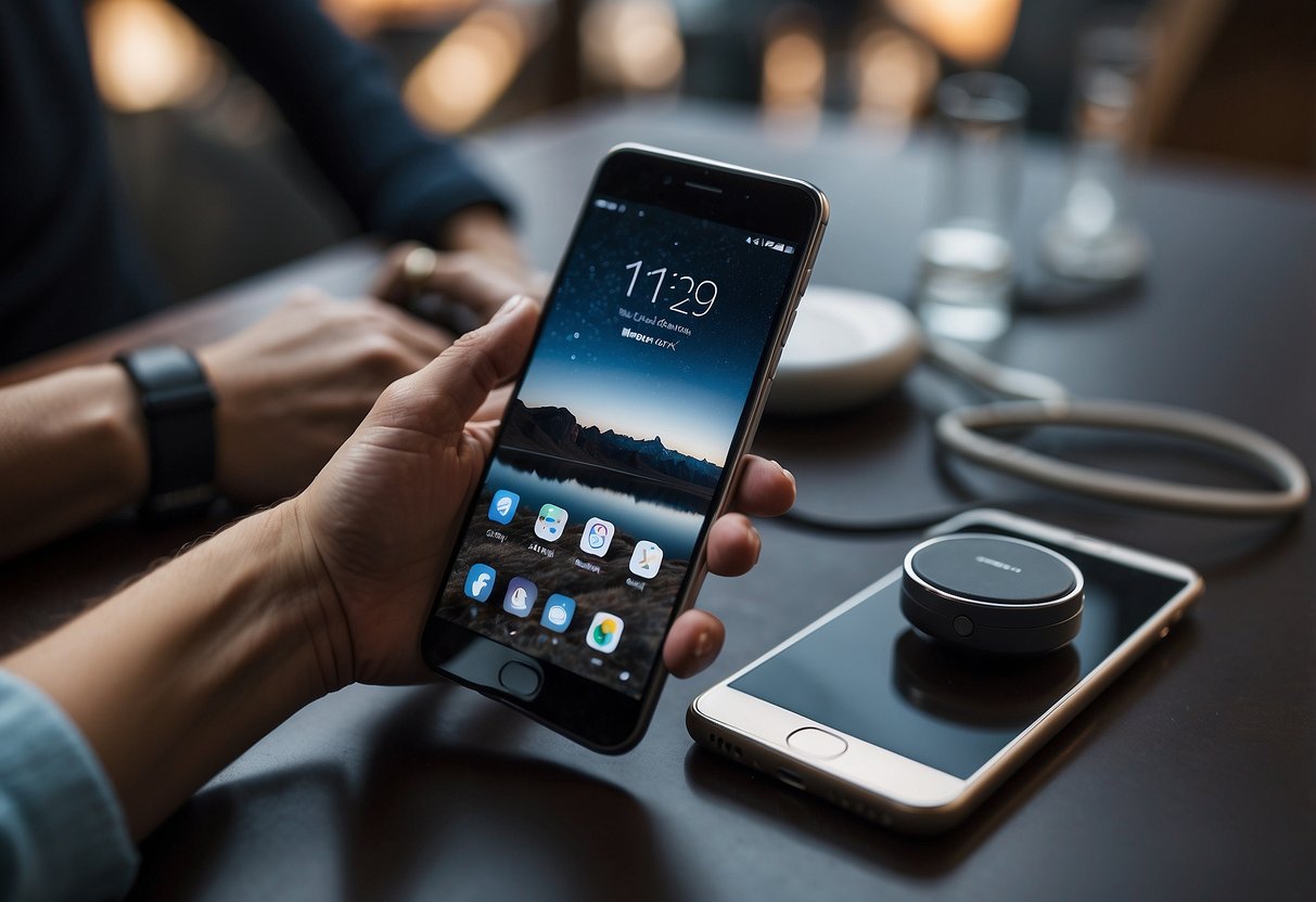 A traveler's hand reaches for a sleek smartphone with headphones, a portable charger, and a tablet, all neatly arranged on a table