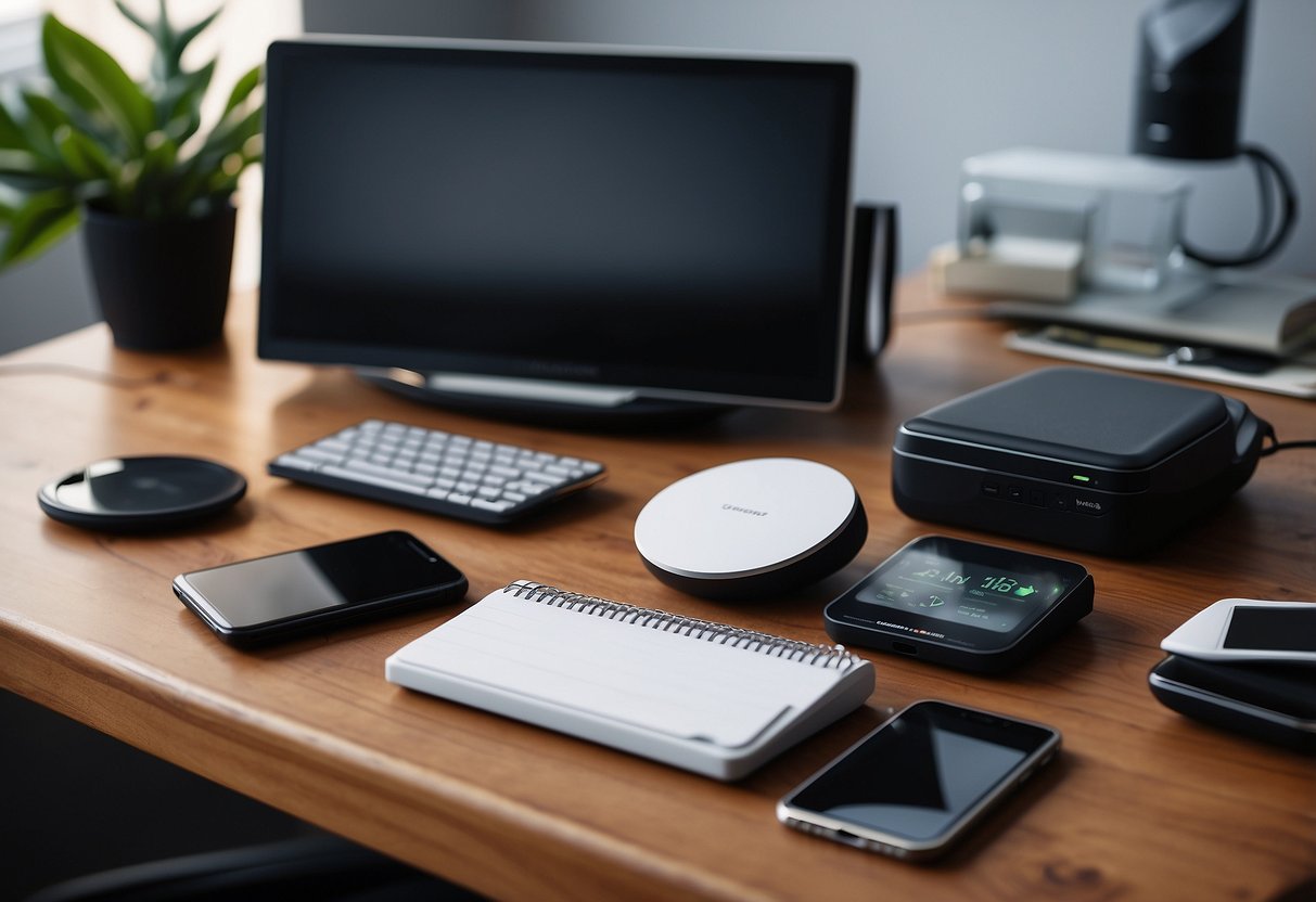 A cluttered desk with various high-tech gadgets scattered around, including a smart alarm clock, wireless charging pad, portable air purifier, and a sleek digital notepad