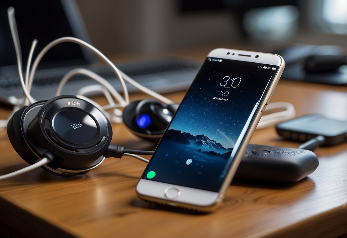 Smartphones and innovative gadgets scattered on a busy desk, charging cables tangled, and a digital assistant responding to voice commands