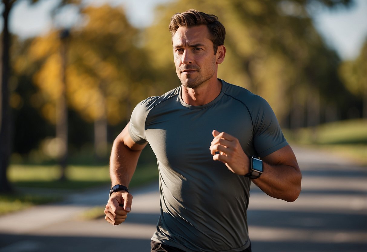 A person wearing a smartwatch while jogging, with a fitness tracker and earbuds. A smartphone displaying health data and a smart water bottle are nearby