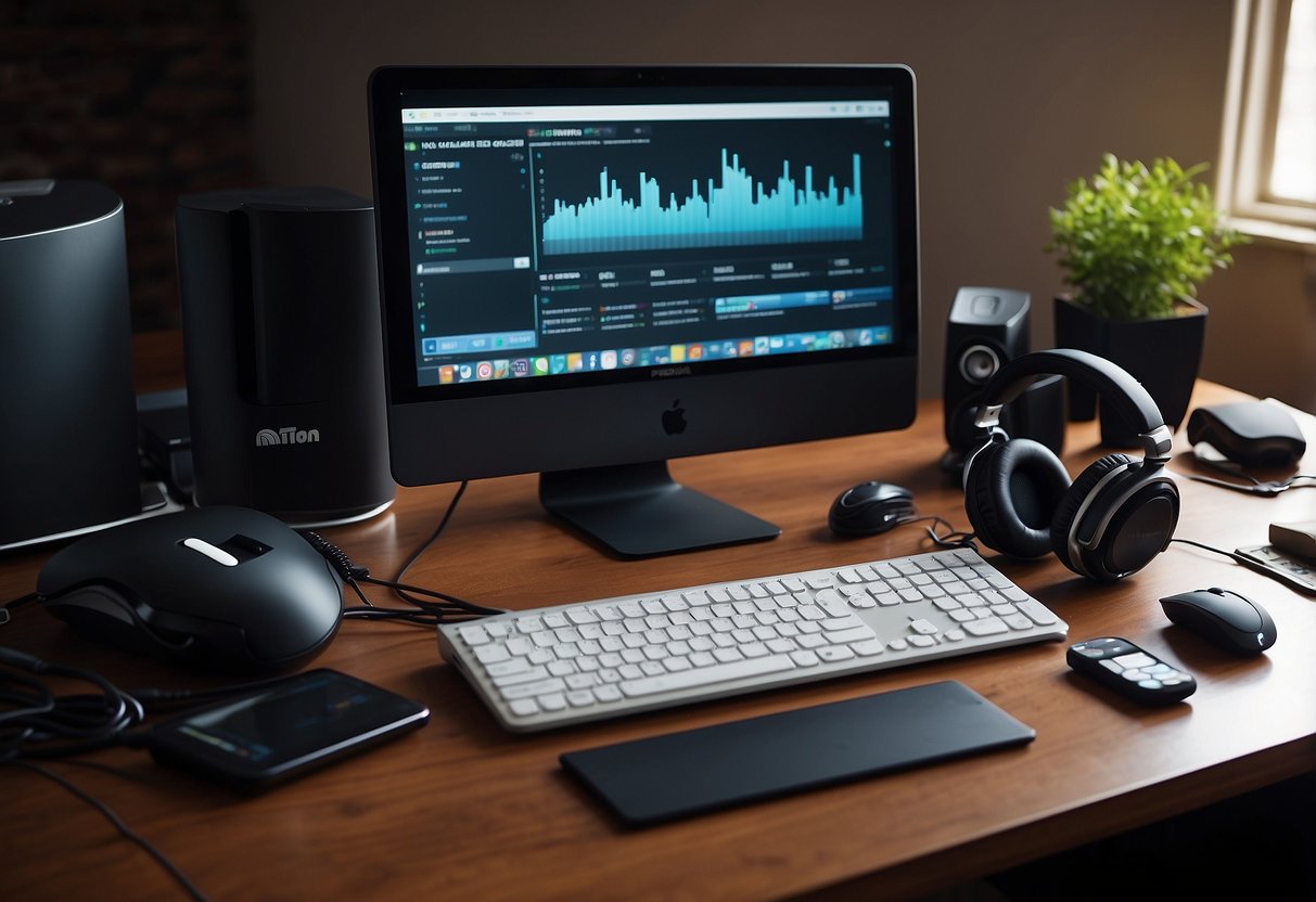 A cluttered desk with a keyboard, mouse, monitor, external hard drive, and USB hub. A stack of budget-friendly gadgets like headphones, webcam, and portable charger