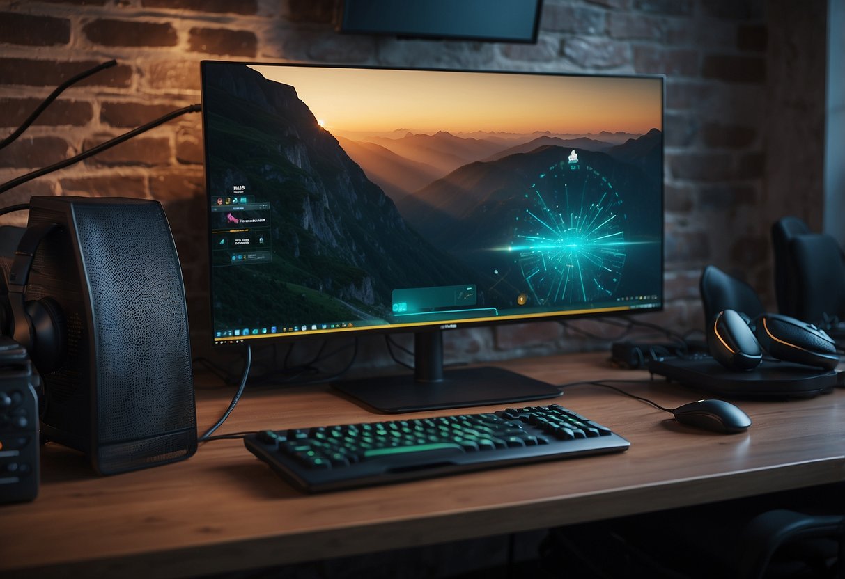 A cluttered desk with a gaming mouse, keyboard, headset, and monitor. Wires and cables are neatly organized. A gaming console and controller sit nearby