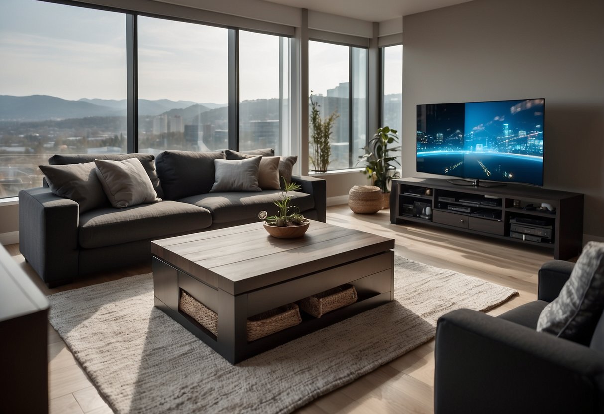 A modern living room with interconnected devices: lights, thermostat, security camera, and voice assistant. Smartphone and tablet control center on the coffee table