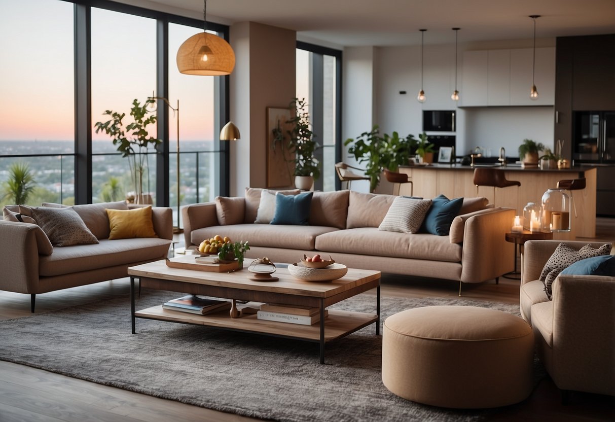 A modern living room with smart devices seamlessly integrated: voice-controlled lights, automated thermostat, and smart speaker playing music