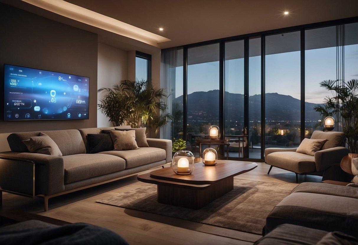 A modern living room with voice-activated lights, smart thermostat, and automated curtains. Smart devices are seamlessly integrated, creating a convenient and efficient home ecosystem