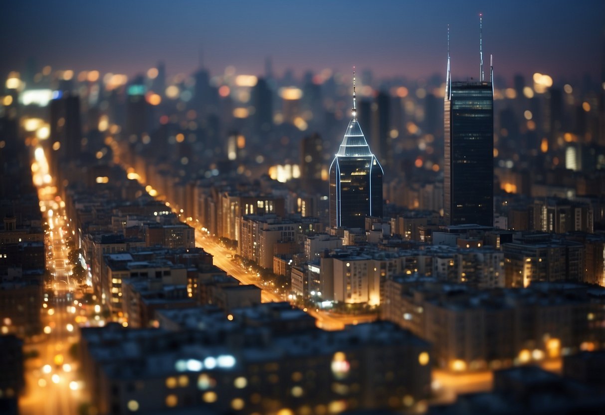 A bustling city skyline with smartphone towers and satellite dishes, connecting to a web of digital signals and data streams