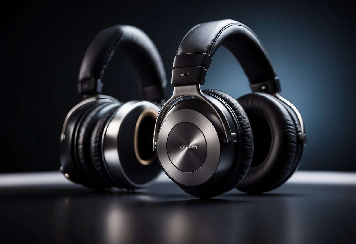 Five sleek, modern headphones arranged in a row, each with prominent noise-cancelling features. The background is dark to emphasize the immersive audio experience