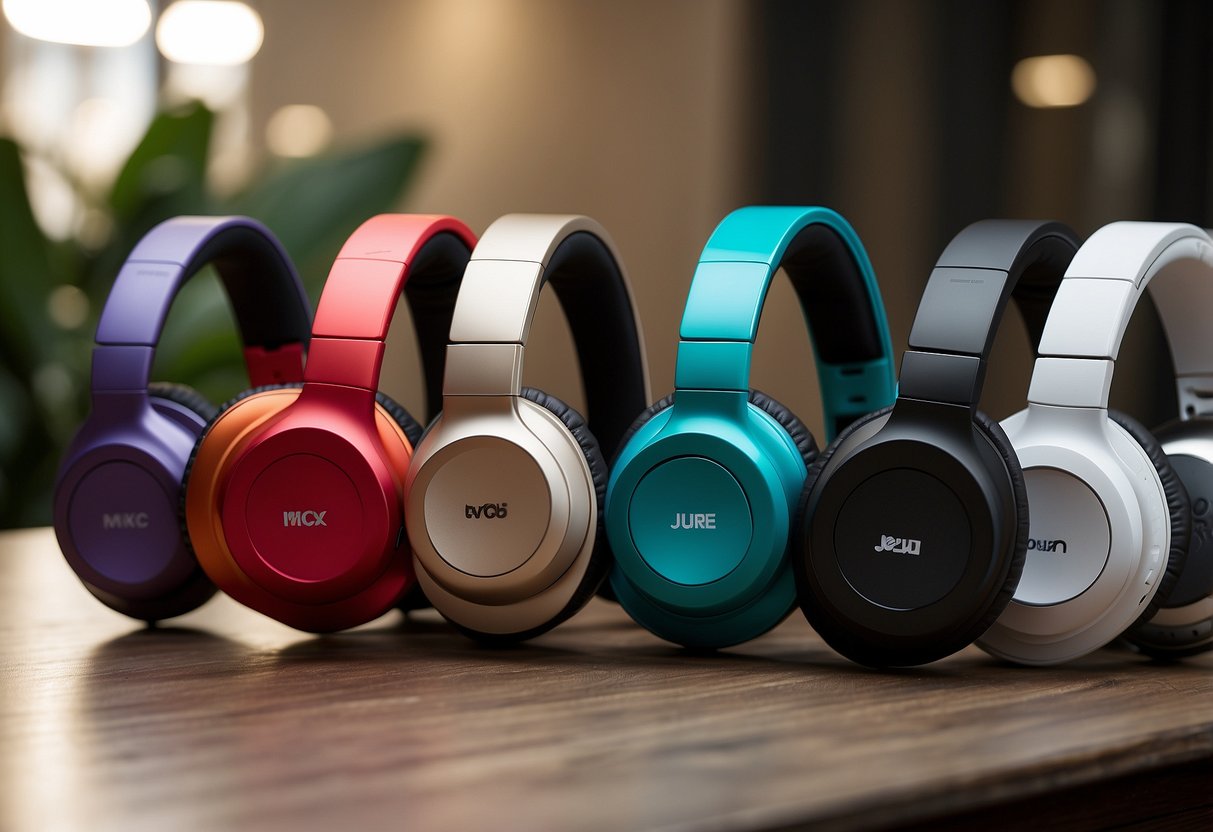 A table with five pairs of noise-cancelling headphones displayed, each with sleek design and prominent branding. A variety of colors and styles are represented, with each pair positioned neatly for easy comparison