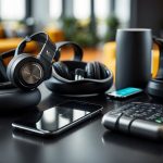 A variety of fitness gadgets arranged on a sleek, modern table with a vibrant, energetic background