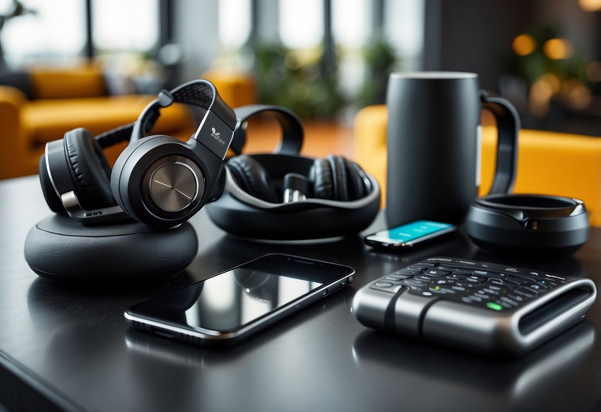 A variety of fitness gadgets arranged on a sleek, modern table with a vibrant, energetic background