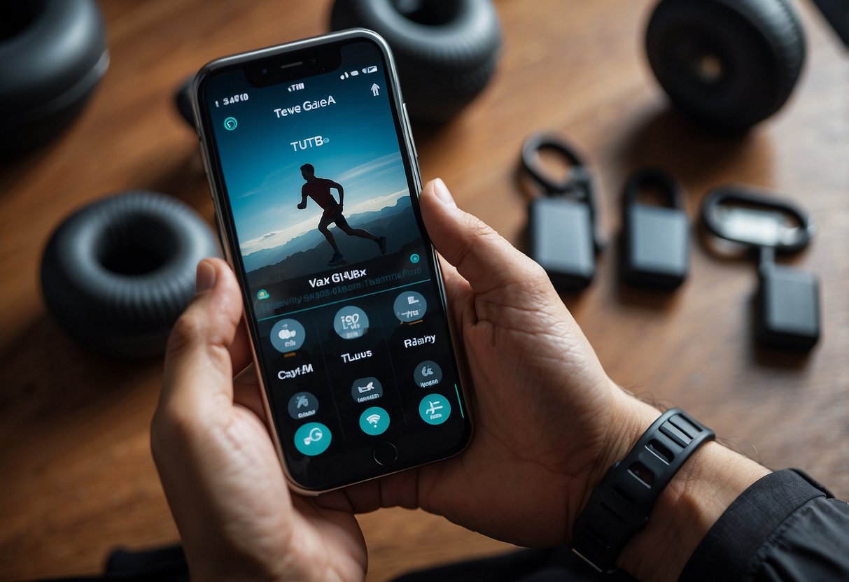 A smartphone displaying fitness apps and a variety of fitness gadgets arranged around it