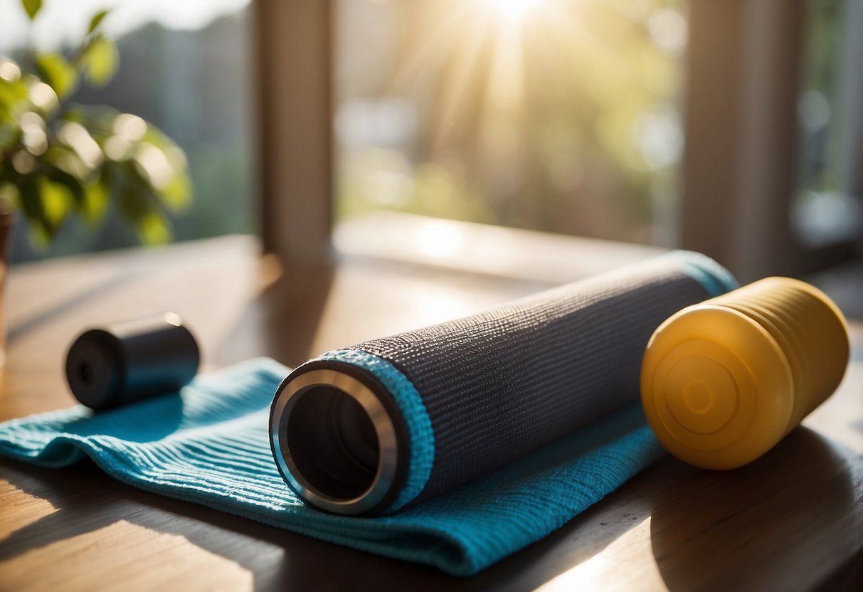 A fitness tracker and a foam roller sit on a yoga mat, surrounded by a water bottle and a towel. The sun shines through a window, casting a warm glow on the scene