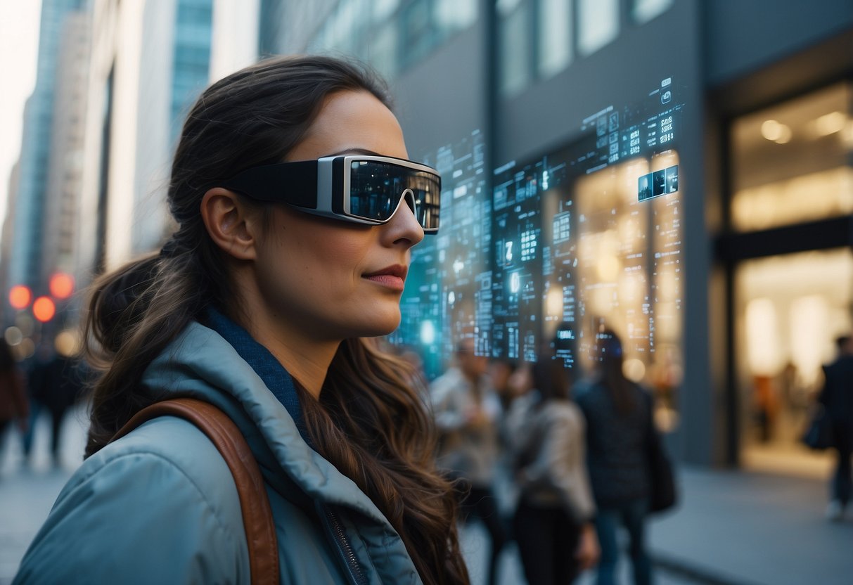 A city street with people using AR glasses to view digital information overlaid on buildings and objects