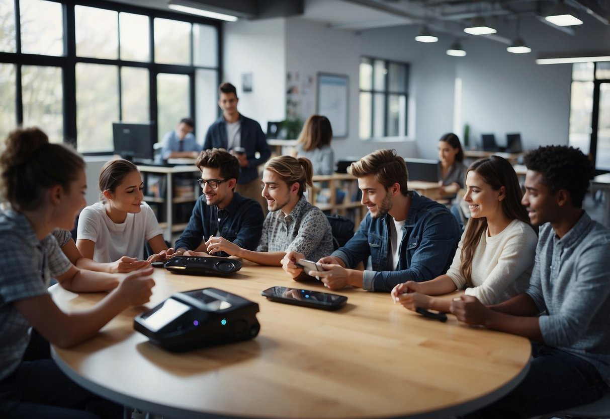 A classroom filled with students using AR gadgets to explore and interact with virtual objects, enhancing their learning experience